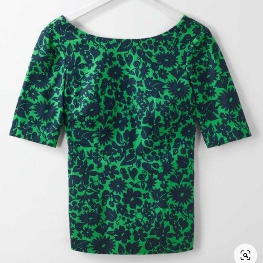 Boden Fleur Fitted Top -1/2 sleeve, sz 2, Highland Green with Shadow Floral -EUC